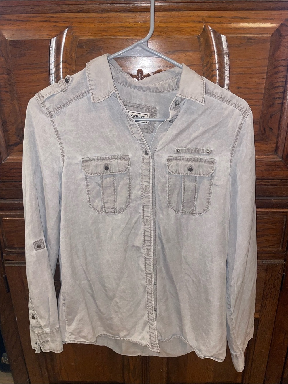 Express Women's "Boyfriend" Lyocell Grey Washed Button-Up Shirt, XS